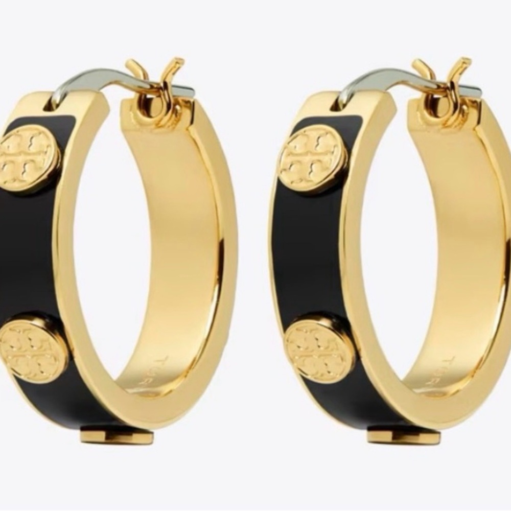 Tory Burch Gold and Black Hoop Earrings